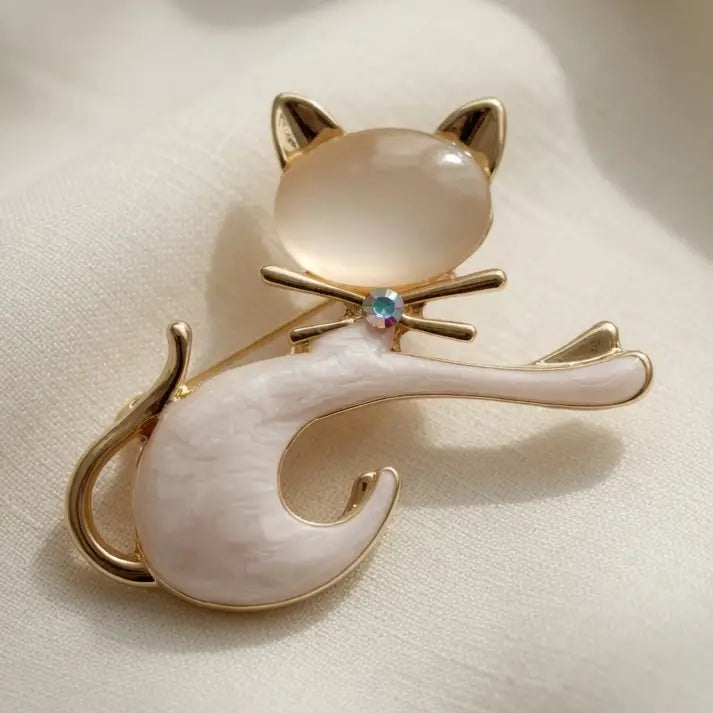 Enamel Cat Brooch Gold & White