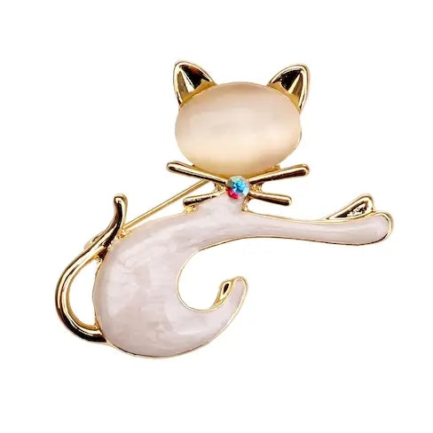 Enamel Cat Brooch Gold & White