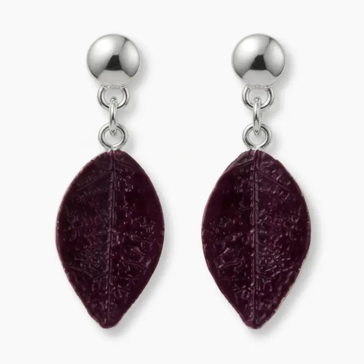 Enamel Leaf Earrings - Silver & Purple