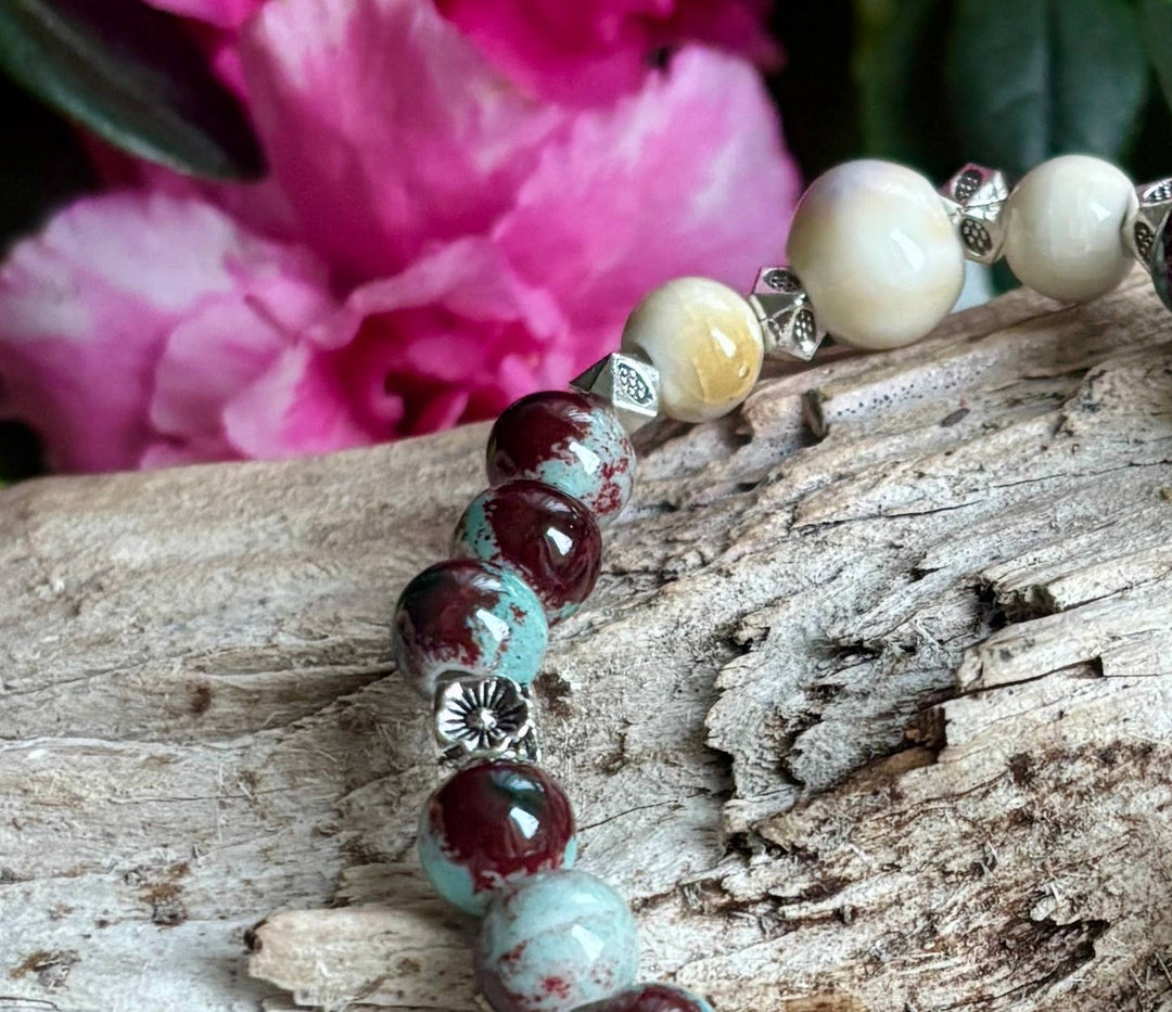 Turquoise, Burgundy & Beige Ceramic Beads Elastic Bracelet with Tassel