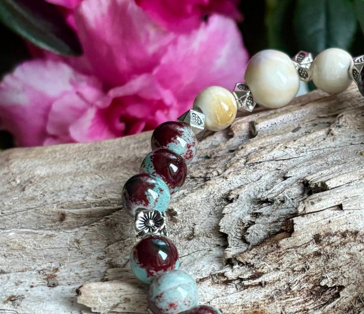 Turquoise, Burgundy & Beige Ceramic Beads Elastic Bracelet with Tassel