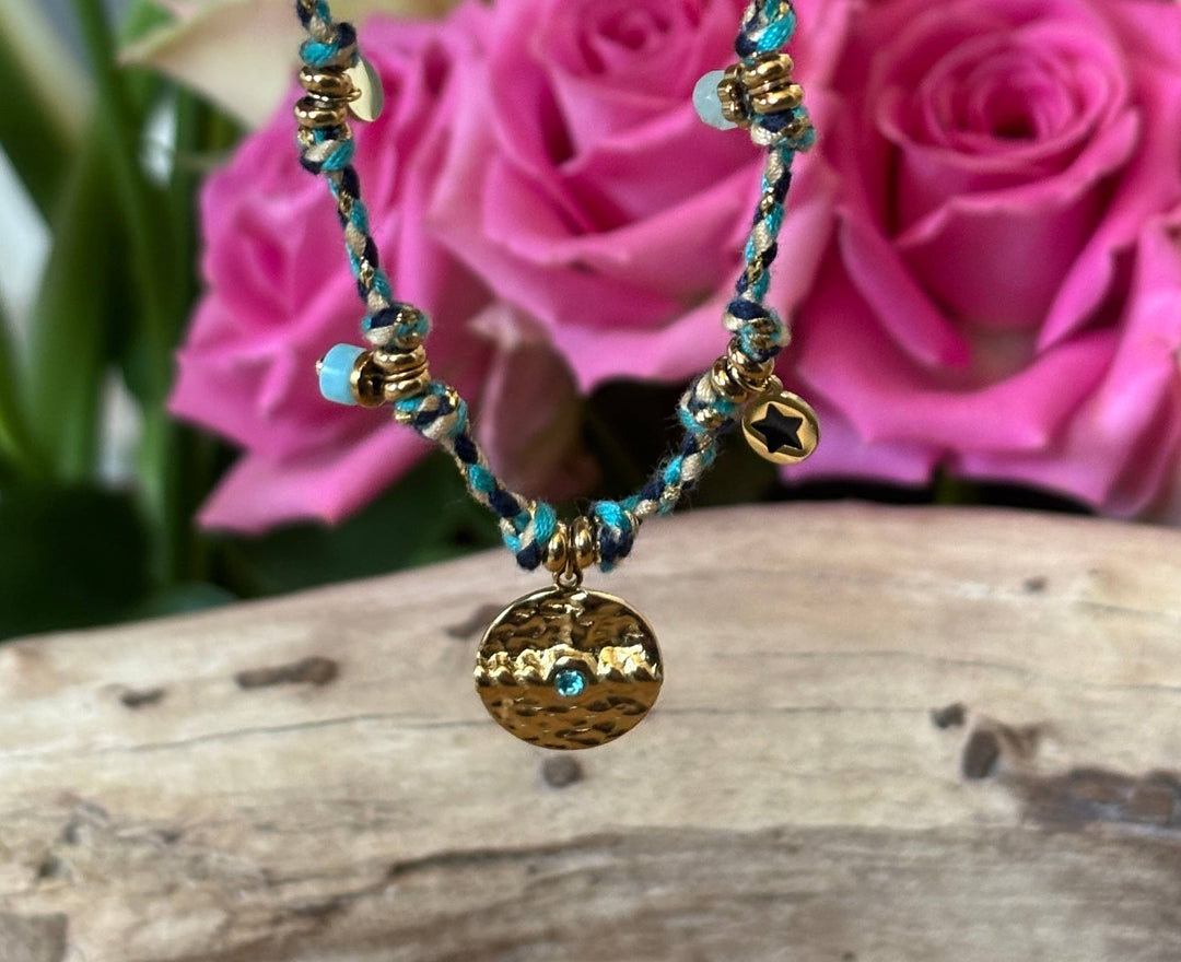 18ct Gold Plated Hammered Disc Rope Bracelet 