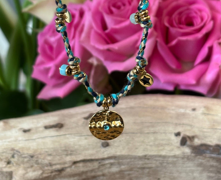 18ct Gold Plated Hammered Disc Rope Bracelet 