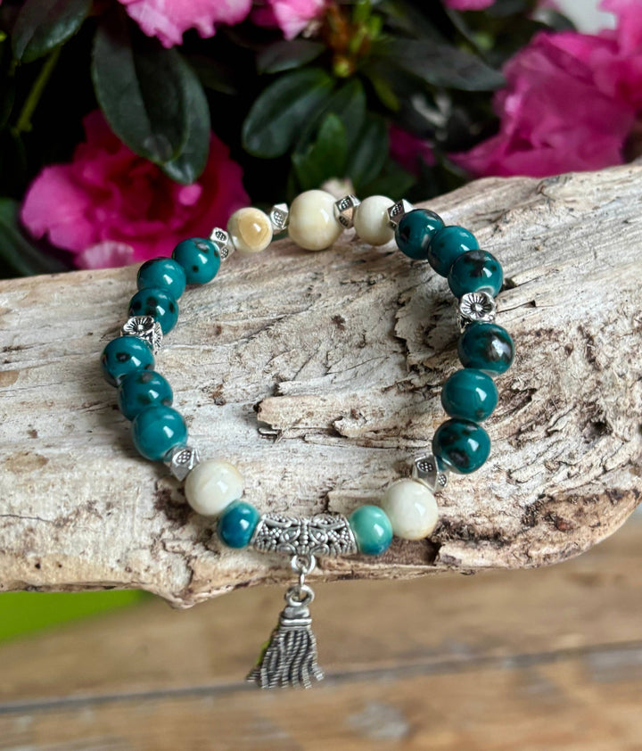 Turquoise & Beige Ceramic Bead Bracelet with Tassel