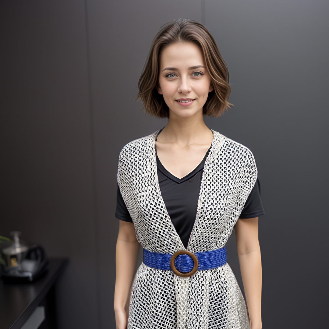 Blue Eco-Friendly Elasticated Paper Belt with Wooden Buckle