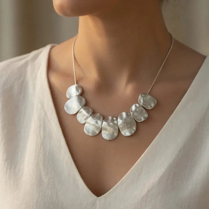 Hammered Statement Necklace - Matte Silver