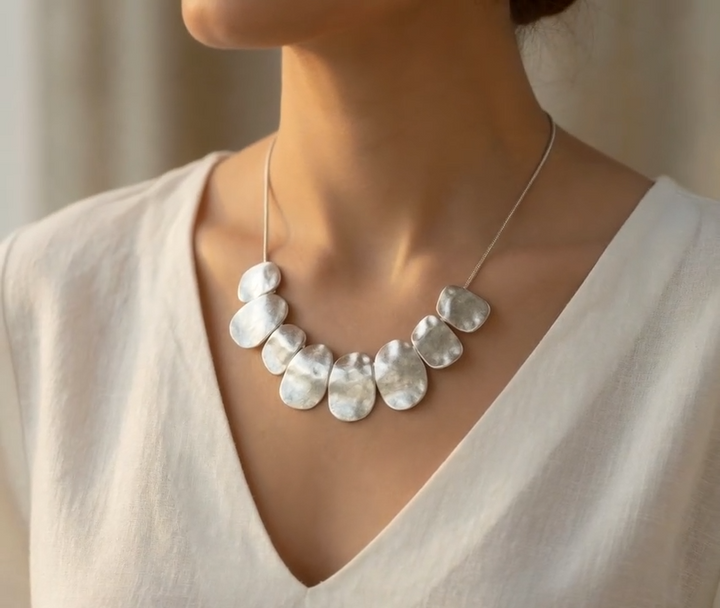 Hammered Statement Necklace - Matte Silver