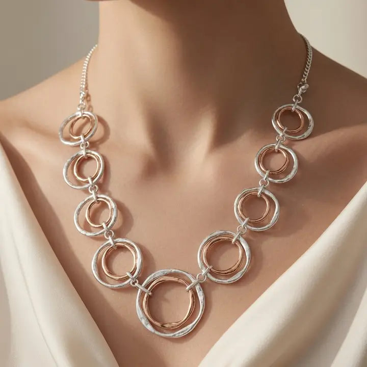 Multi Hoop Statement Necklace Matte Silver & Gold N10253