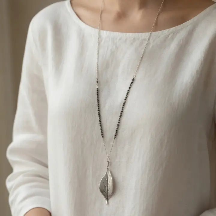 Leaf Pendant Glass Seed Bead Necklace - Silver & Grey