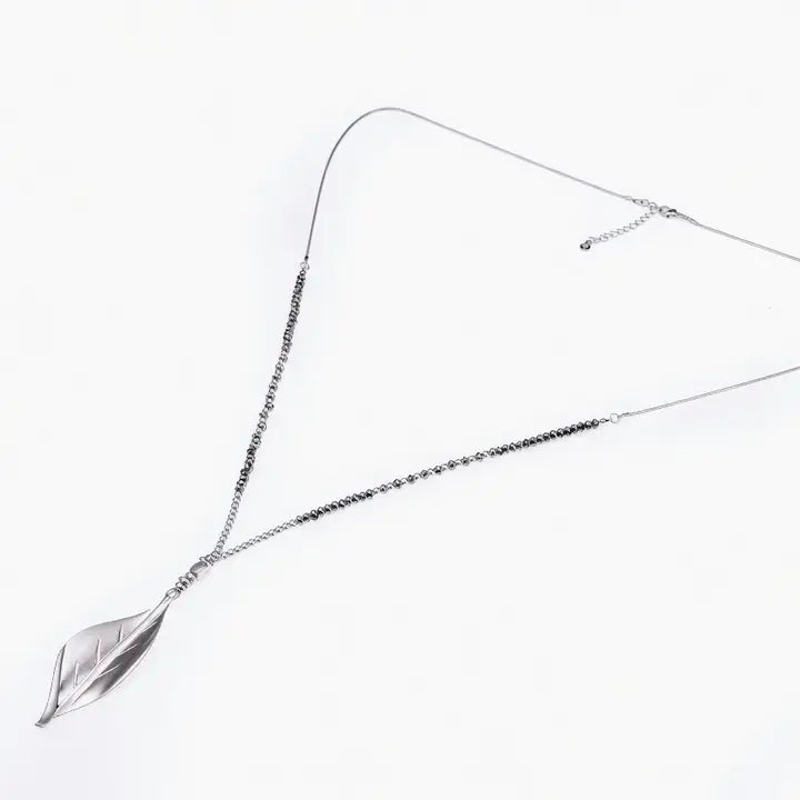 Leaf Pendant Glass Seed Bead Necklace - Silver & Grey