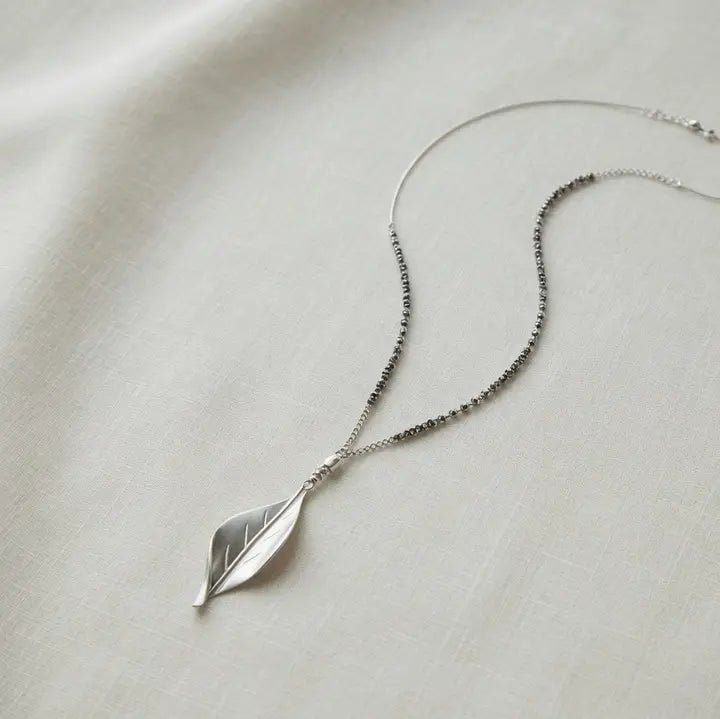 Leaf Pendant Glass Seed Bead Necklace - Silver & Grey