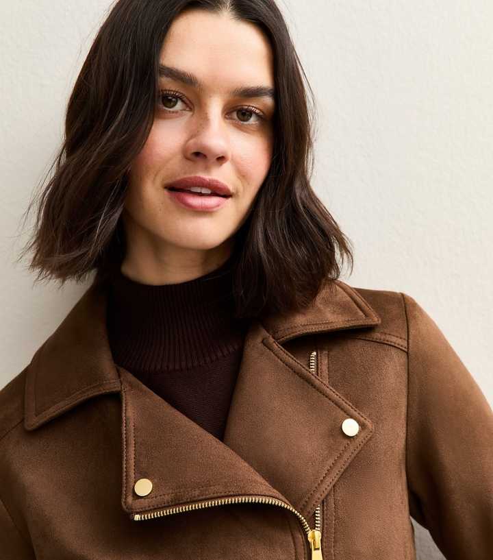 Mid Brown Faux Suede Biker Jacket
