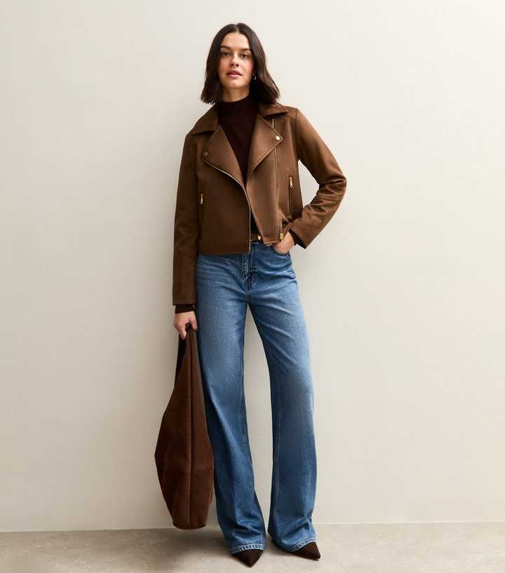 Mid Brown Faux Suede Biker Jacket