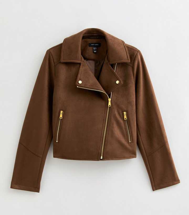 Mid Brown Faux Suede Biker Jacket