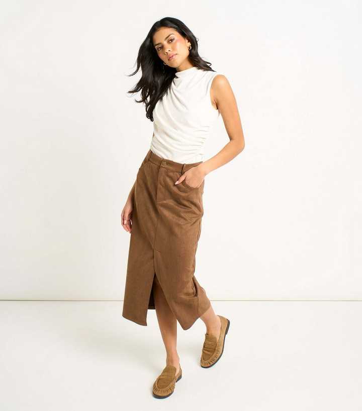 Brown Faux Suede Pencil Skirt
