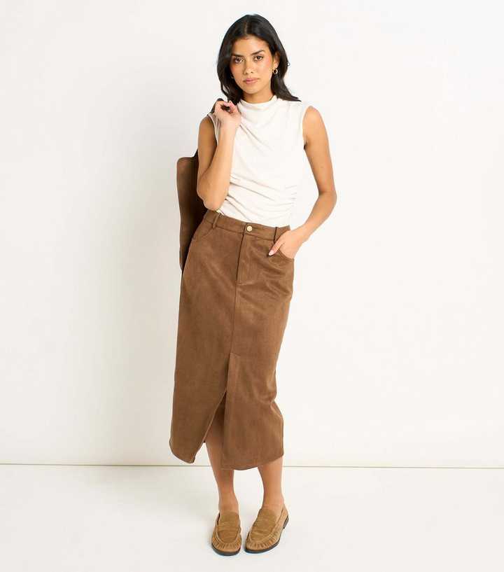 Brown Faux Suede Pencil Skirt
