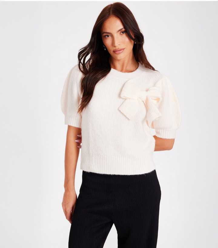 Cream Bow Appliqued Short Sleeve Jumper