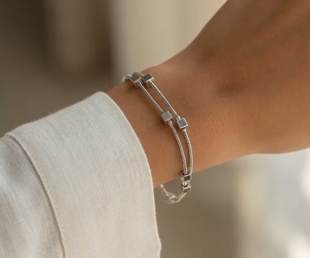 Double Layer Square Bead Bracelet- Silver - Gold