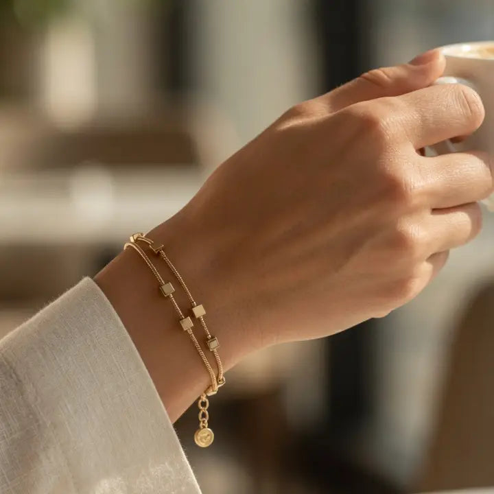 Double Layer Square Bead Bracelet- Silver - Gold