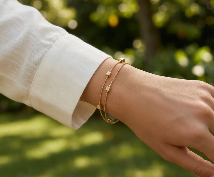 Double Layer Square Bead Bracelet- Silver - Gold