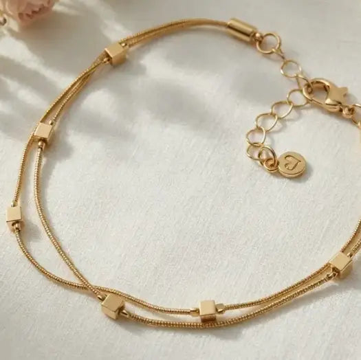 Double Layer Square Bead Bracelet- Silver - Gold