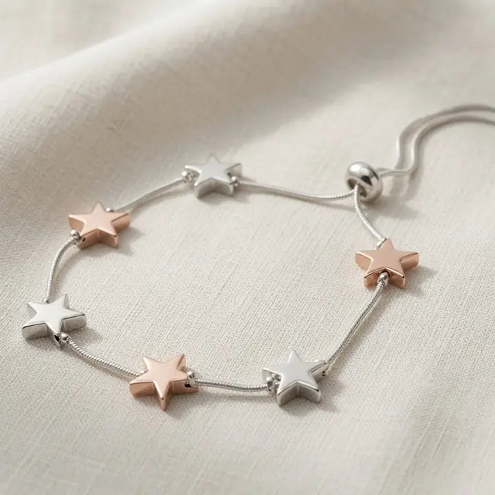 Star Detail Adjustable Bracelet- Silver & Rose Gold - Silver