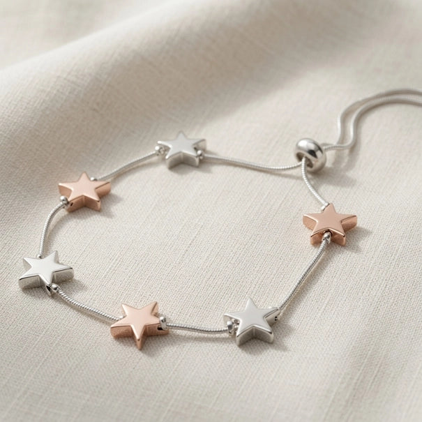 Star Detail Adjustable Bracelet- Silver & Rose Gold - Silver