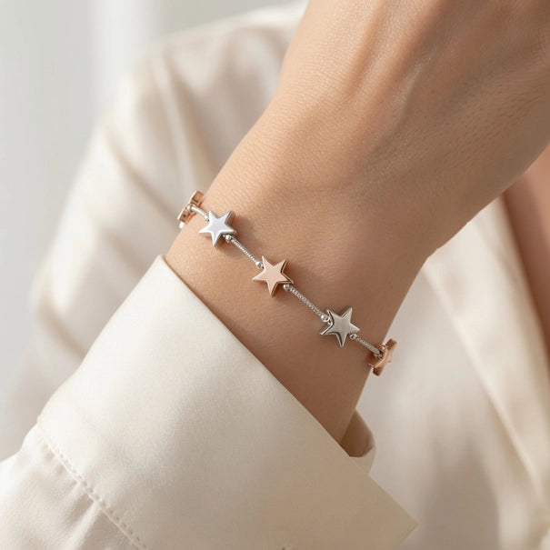 Star Detail Adjustable Bracelet- Silver & Rose Gold - Silver