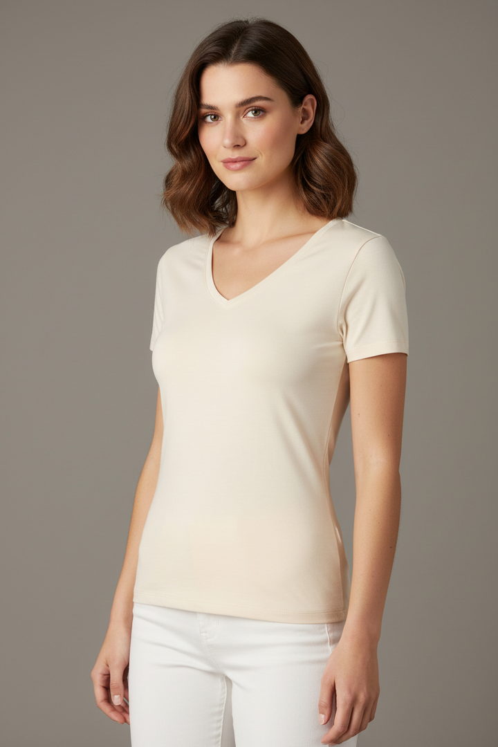 Three-Quarter View - Cream V-Neck Tee
