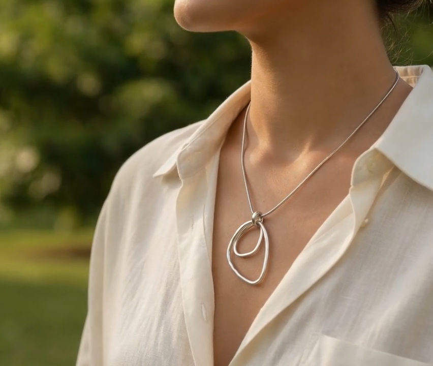 Double Triangle Hoop Necklace - Silver