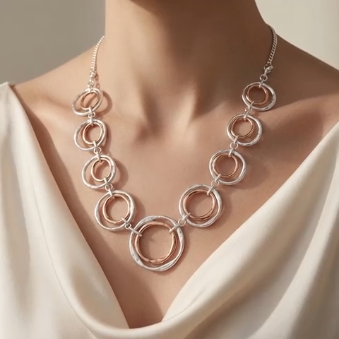 Multi Hoop Statement Necklace Matte Silver & Gold N10253